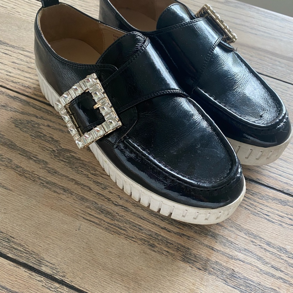 Anthropologie Black Loafers with Crystal Buckle